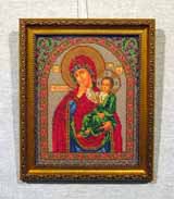 Вышивка «Богородица Утешение» 25,2х20,3
(рамка, стекло антиблик, оргалит, установка, натяжка)
