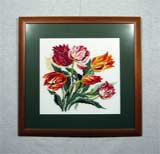 Вышивка «Тюльпаны» 36х38
(рамка деревянная, стекло антибликовое, оргалит, установка работы в раму, двойное паспарту, вырез окна в паспарту, натяжка)
