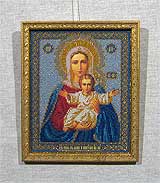Вышивка бисером «Богородица Леушинская» 25,7х21,0
(рамка деревянная, стекло антибликовое, оргалит, установка работы в раму, натяжка вышивки)
