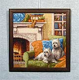 Вышивка «Собаки у камина» 37,5х36,2
(рамка деревянная, оргалит, установка работы в раму, натяжка вышивки)

